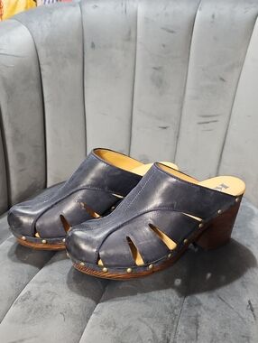 Kork-Ease Navy Leather Clog Mules with Brass Studs